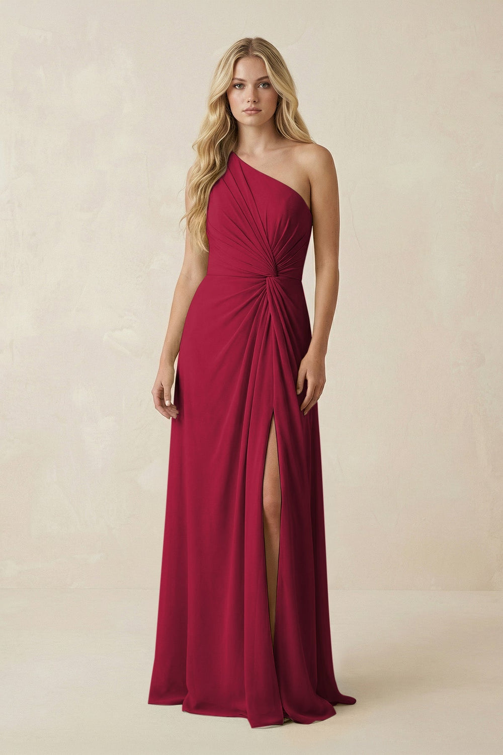 One - Shoulder Ruched A - Line Chiffon Bridesmaid Dress in Berry - SHE IS ME Bridesmaid Dresses