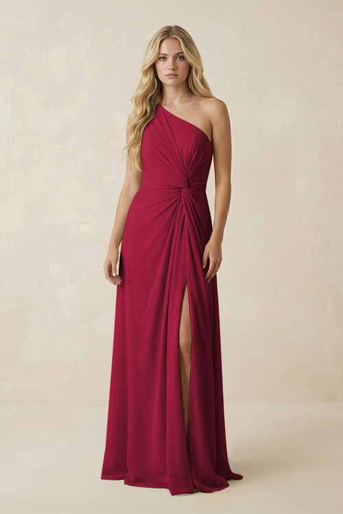 One - Shoulder Ruched A - Line Chiffon Bridesmaid Dress in Berry - SHE IS ME Bridesmaid Dresses