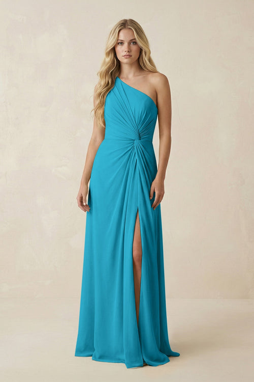 One - Shoulder Ruched A - Line Chiffon Bridesmaid Dress in Blue Jay - SHE IS ME Bridesmaid Dresses