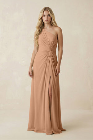 One - Shoulder Ruched A - Line Chiffon Bridesmaid Dress in Bronzer - SHE IS ME Bridesmaid Dresses