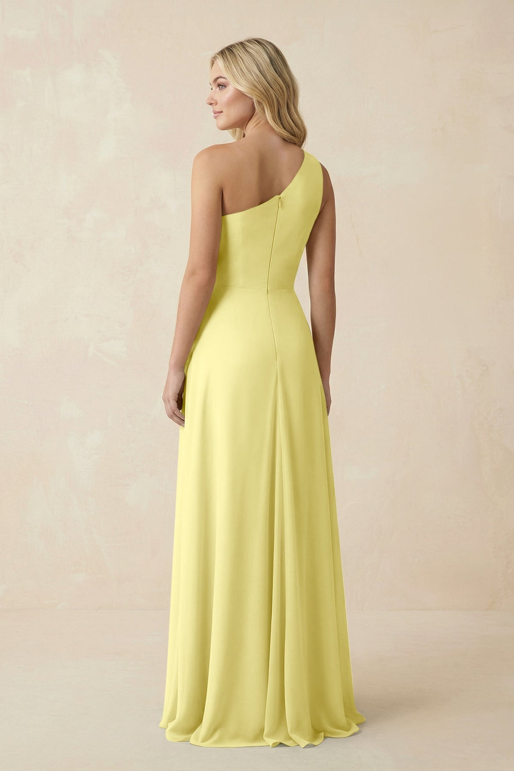 One - Shoulder Ruched A - Line Chiffon Bridesmaid Dress in Buttercup - SHE IS ME Bridesmaid Dresses