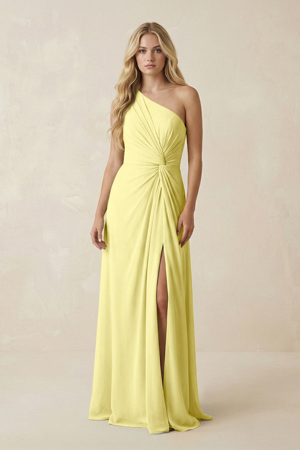 One - Shoulder Ruched A - Line Chiffon Bridesmaid Dress in Buttercup - SHE IS ME Bridesmaid Dresses