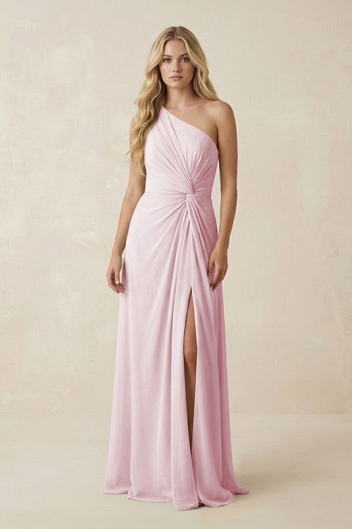 One - Shoulder Ruched A - Line Chiffon Bridesmaid Dress in Candy Pink - SHE IS ME Bridesmaid Dresses