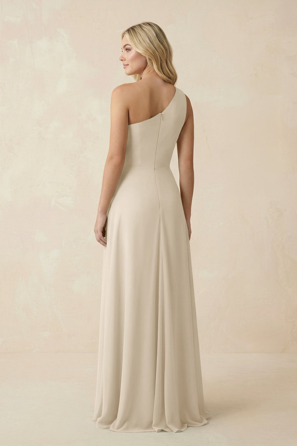 One - Shoulder Ruched A - Line Chiffon Bridesmaid Dress in Champagne - SHE IS ME Bridesmaid Dresses