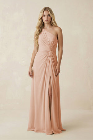 One - Shoulder Ruched A - Line Chiffon Bridesmaid Dress in Champagne Rose - SHE IS ME Bridesmaid Dresses