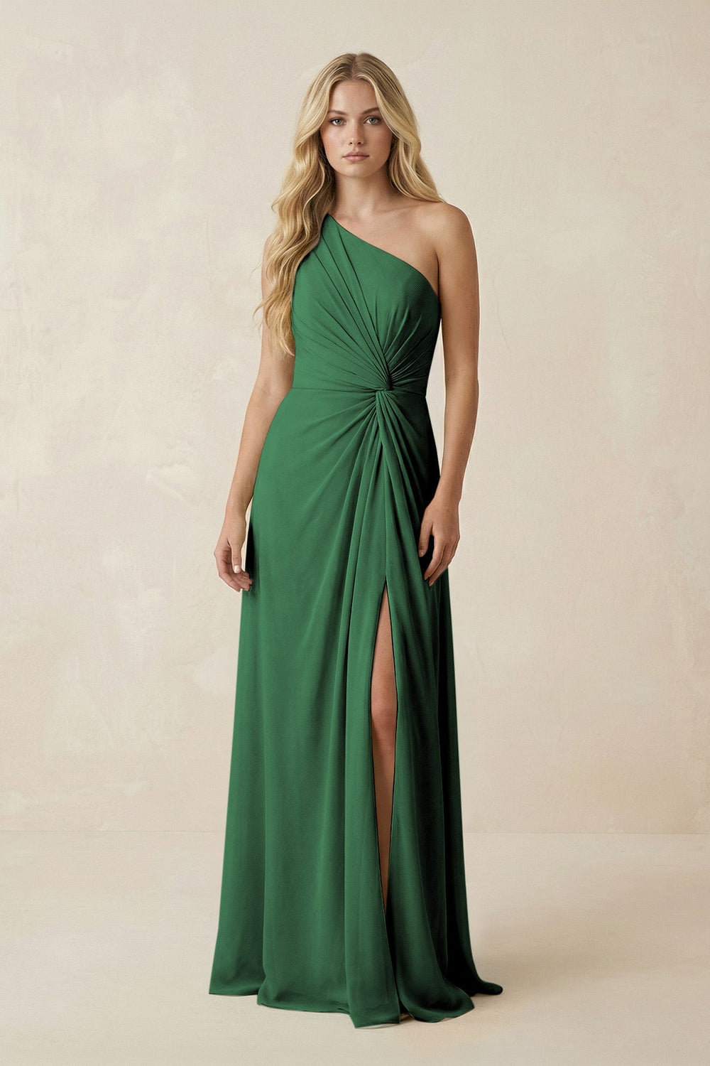 One - Shoulder Ruched A - Line Chiffon Bridesmaid Dress in Dark Green - SHE IS ME Bridesmaid Dresses