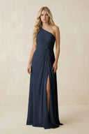 One - Shoulder Ruched A - Line Chiffon Bridesmaid Dress in Dark Navy - SHE IS ME Bridesmaid Dresses