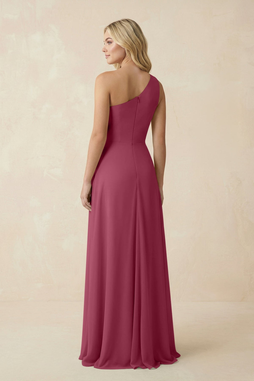 One - Shoulder Ruched A - Line Chiffon Bridesmaid Dress in Desert Rose - SHE IS ME Bridesmaid Dresses