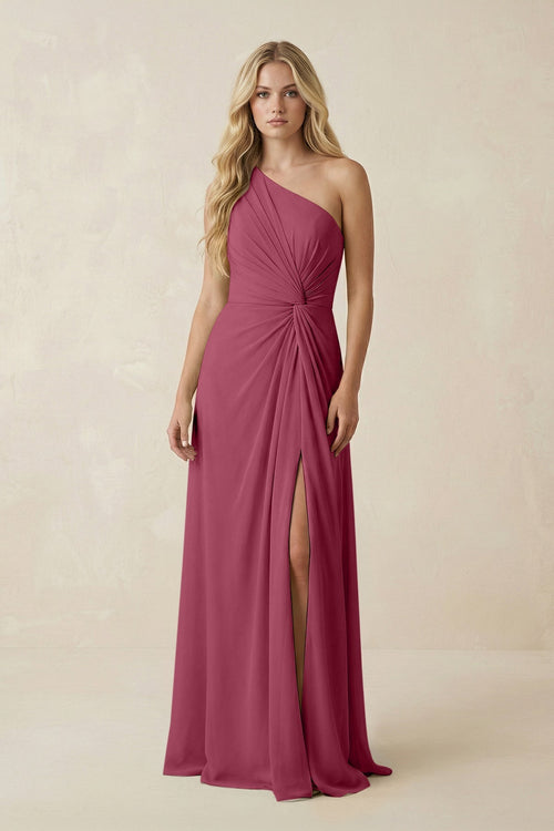 One - Shoulder Ruched A - Line Chiffon Bridesmaid Dress in Desert Rose - SHE IS ME Bridesmaid Dresses
