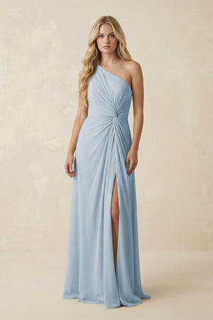 One - Shoulder Ruched A - Line Chiffon Bridesmaid Dress in Dusty Blue - SHE IS ME Bridesmaid Dresses