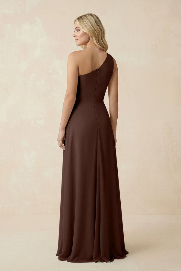 One - Shoulder Ruched A - Line Chiffon Bridesmaid Dress in Espresso - SHE IS ME Bridesmaid Dresses