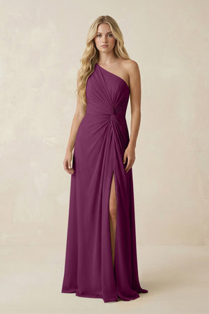 One - Shoulder Ruched A - Line Chiffon Bridesmaid Dress in Fig - SHE IS ME Bridesmaid Dresses