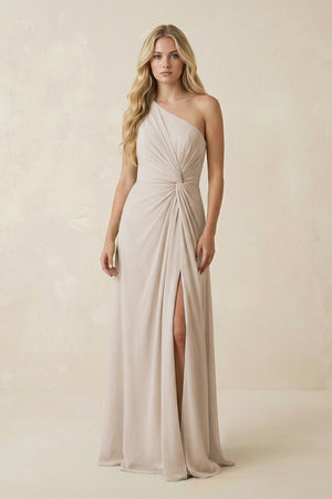 One - Shoulder Ruched A - Line Chiffon Bridesmaid Dress in Frost - SHE IS ME Bridesmaid Dresses