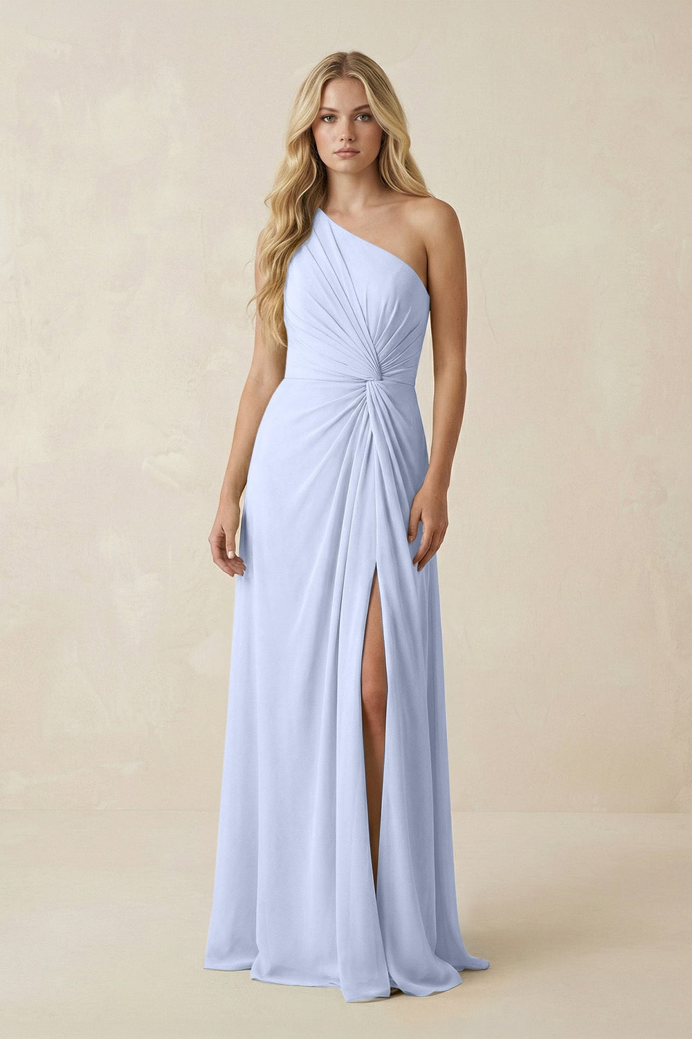 One - Shoulder Ruched A - Line Chiffon Bridesmaid Dress in Ice - SHE IS ME Bridesmaid Dresses