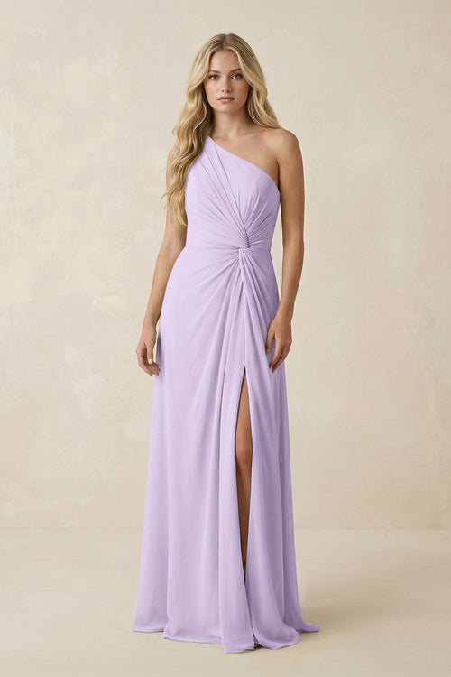 One - Shoulder Ruched A - Line Chiffon Bridesmaid Dress in Lavender - SHE IS ME Bridesmaid Dresses