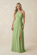 One - Shoulder Ruched A - Line Chiffon Bridesmaid Dress in Matcha - SHE IS ME Bridesmaid Dresses
