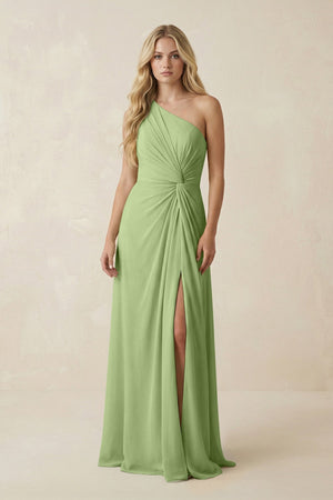 One - Shoulder Ruched A - Line Chiffon Bridesmaid Dress in Matcha - SHE IS ME Bridesmaid Dresses