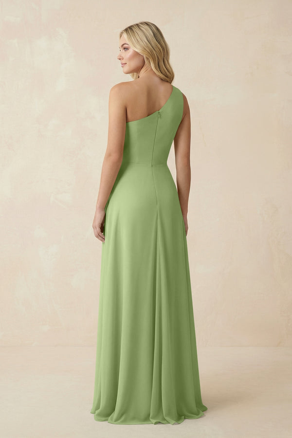 One - Shoulder Ruched A - Line Chiffon Bridesmaid Dress in Matcha - SHE IS ME Bridesmaid Dresses