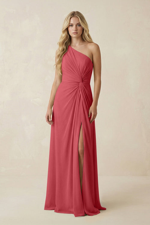 One - Shoulder Ruched A - Line Chiffon Bridesmaid Dress in Merlot - SHE IS ME Bridesmaid Dresses