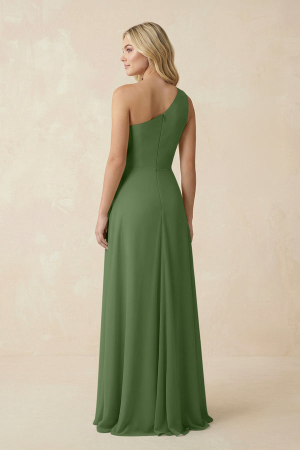 One - Shoulder Ruched A - Line Chiffon Bridesmaid Dress in Moss - SHE IS ME Bridesmaid Dresses