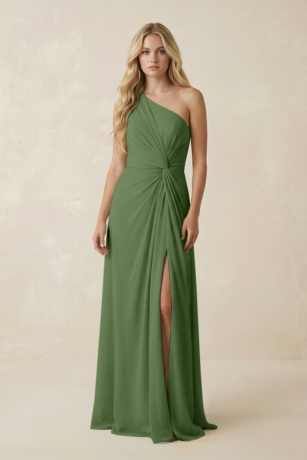 One - Shoulder Ruched A - Line Chiffon Bridesmaid Dress in Moss - SHE IS ME Bridesmaid Dresses