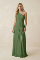 One - Shoulder Ruched A - Line Chiffon Bridesmaid Dress in Moss - SHE IS ME Bridesmaid Dresses
