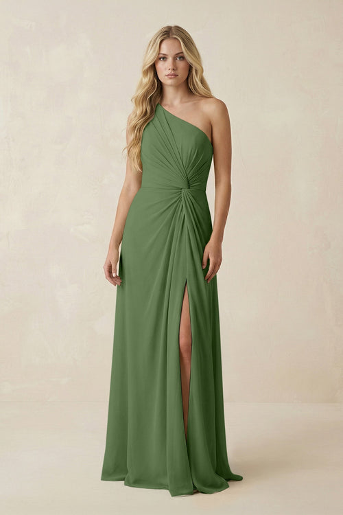 One - Shoulder Ruched A - Line Chiffon Bridesmaid Dress in Moss - SHE IS ME Bridesmaid Dresses