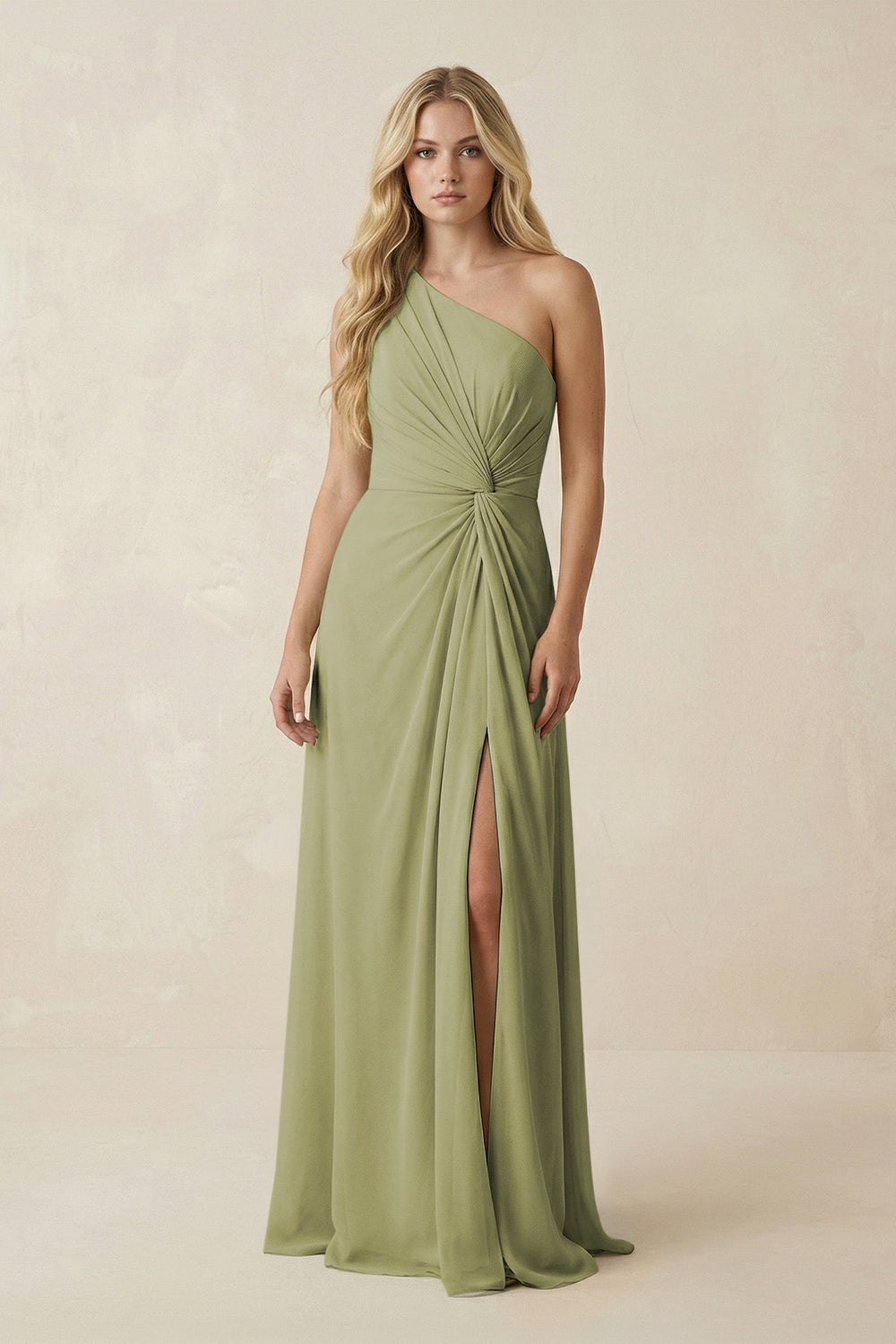 One - Shoulder Ruched A - Line Chiffon Bridesmaid Dress in Moss Green - SHE IS ME Bridesmaid Dresses