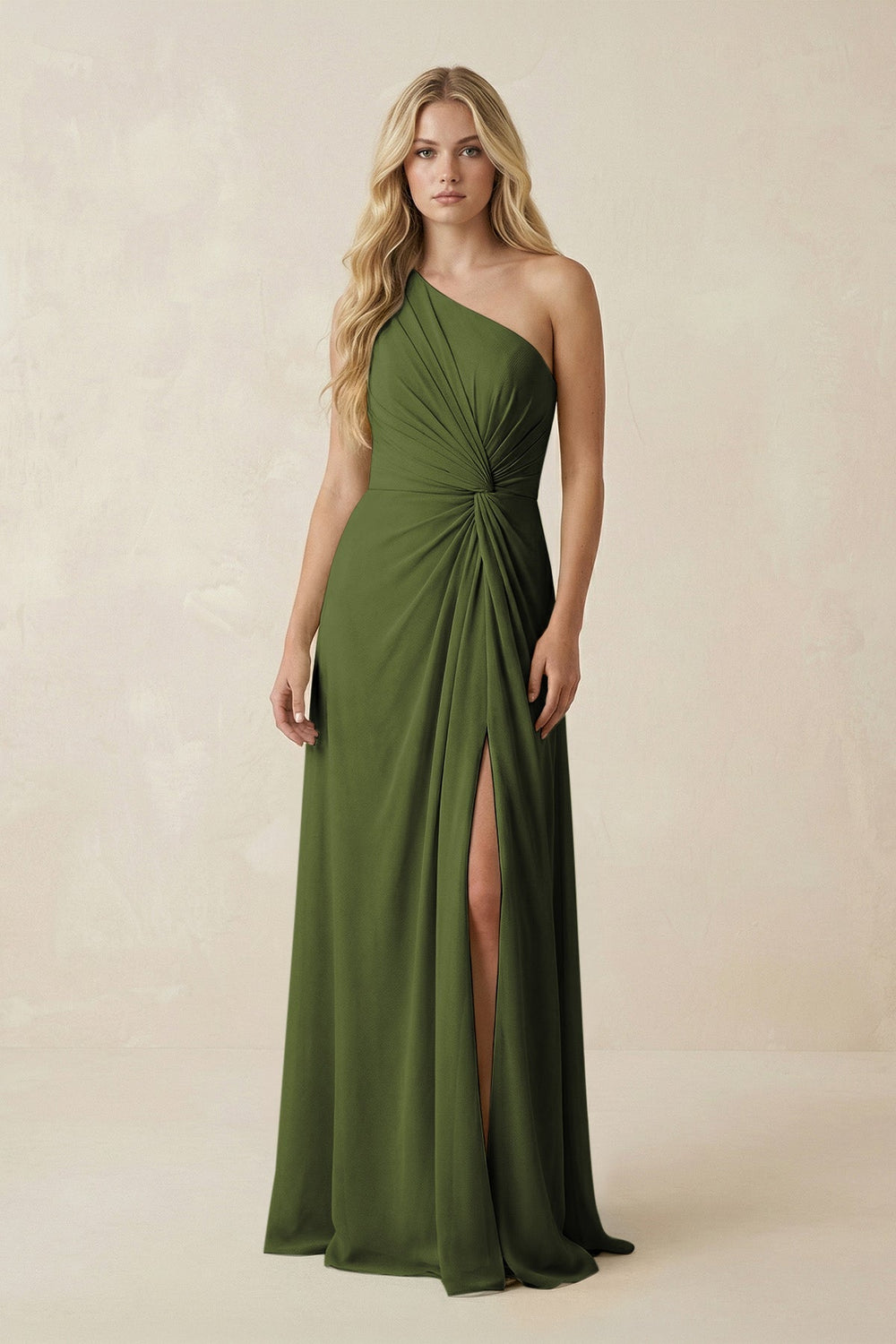 One - Shoulder Ruched A - Line Chiffon Bridesmaid Dress in Olive - SHE IS ME Bridesmaid Dresses