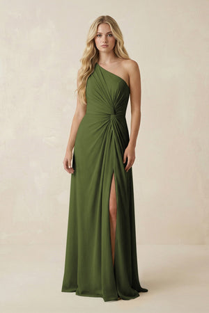 One - Shoulder Ruched A - Line Chiffon Bridesmaid Dress in Olive - SHE IS ME Bridesmaid Dresses