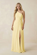 One - Shoulder Ruched A - Line Chiffon Bridesmaid Dress in Pastel Yellow - SHE IS ME Bridesmaid Dresses