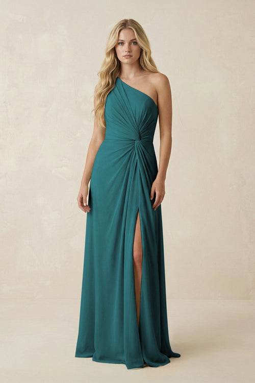 One - Shoulder Ruched A - Line Chiffon Bridesmaid Dress in Pine - SHE IS ME Bridesmaid Dresses