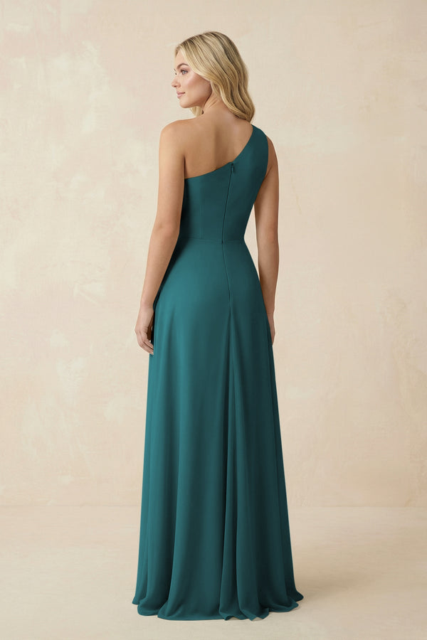 One - Shoulder Ruched A - Line Chiffon Bridesmaid Dress in Pine - SHE IS ME Bridesmaid Dresses