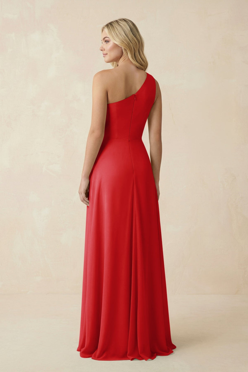 One - Shoulder Ruched A - Line Chiffon Bridesmaid Dress in Ruby Red - SHE IS ME Bridesmaid Dresses