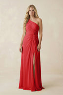 One - Shoulder Ruched A - Line Chiffon Bridesmaid Dress in Ruby Red - SHE IS ME Bridesmaid Dresses