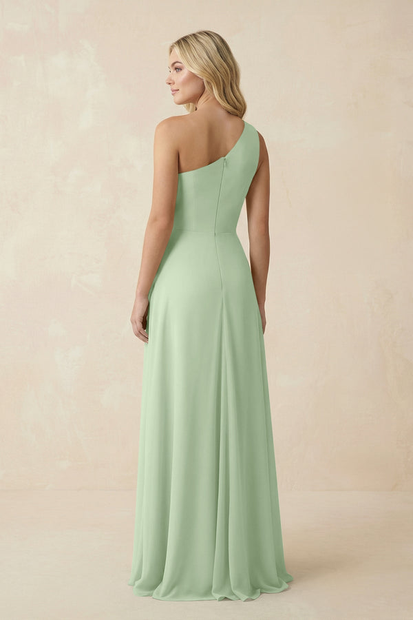 One - Shoulder Ruched A - Line Chiffon Bridesmaid Dress in Sage - SHE IS ME Bridesmaid Dresses