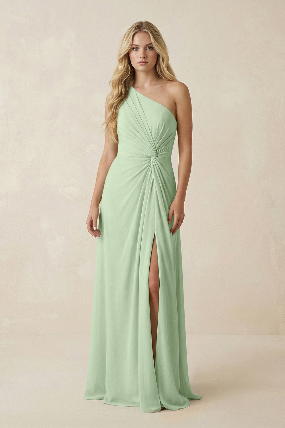One - Shoulder Ruched A - Line Chiffon Bridesmaid Dress in Sage - SHE IS ME Bridesmaid Dresses