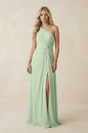 One - Shoulder Ruched A - Line Chiffon Bridesmaid Dress in Sage - SHE IS ME Bridesmaid Dresses