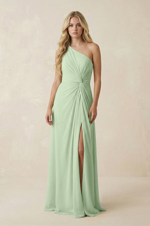 One - Shoulder Ruched A - Line Chiffon Bridesmaid Dress in Sage - SHE IS ME Bridesmaid Dresses