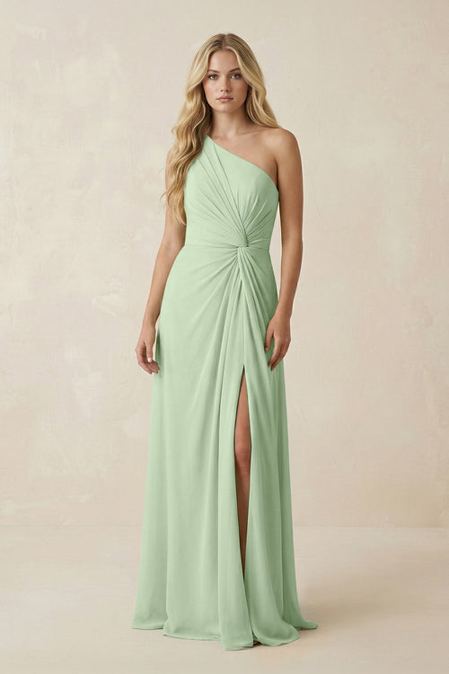 One - Shoulder Ruched A - Line Chiffon Bridesmaid Dress in Sage - SHE IS ME Bridesmaid Dresses