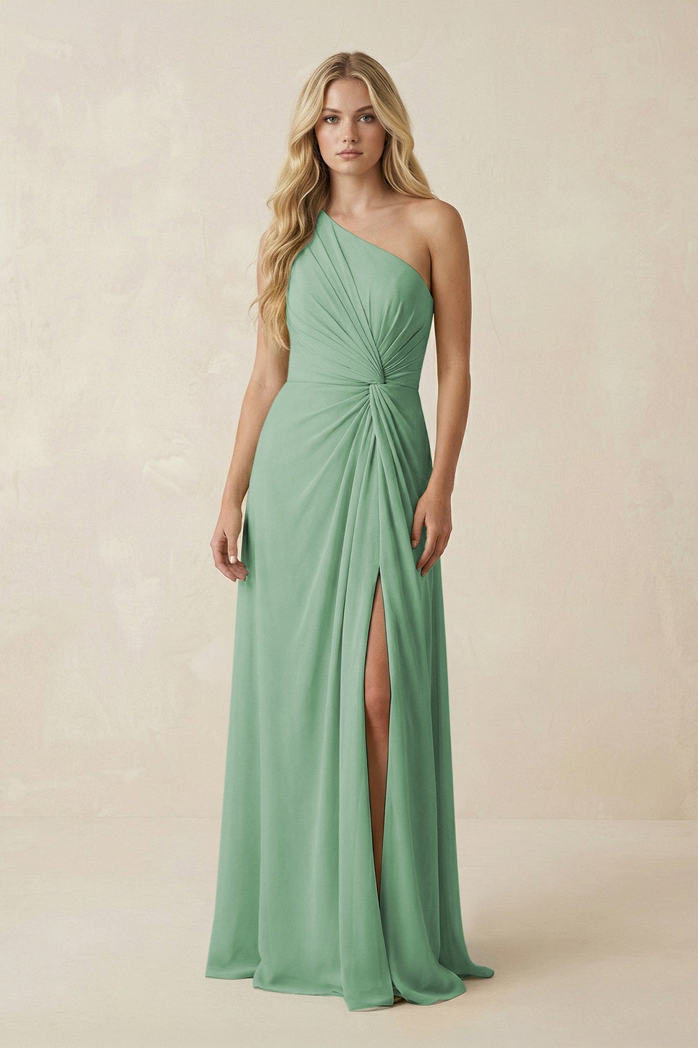One - Shoulder Ruched A - Line Chiffon Bridesmaid Dress in Sea Glass - SHE IS ME Bridesmaid Dresses
