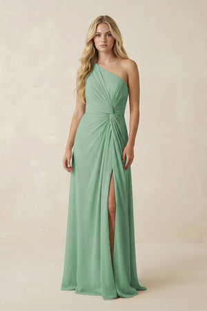 One - Shoulder Ruched A - Line Chiffon Bridesmaid Dress in Sea Glass - SHE IS ME Bridesmaid Dresses