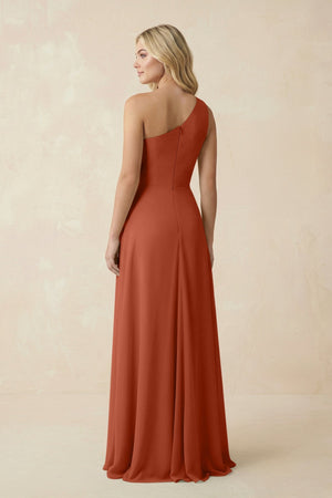 One - Shoulder Ruched A - Line Chiffon Bridesmaid Dress in Spice - SHE IS ME Bridesmaid Dresses