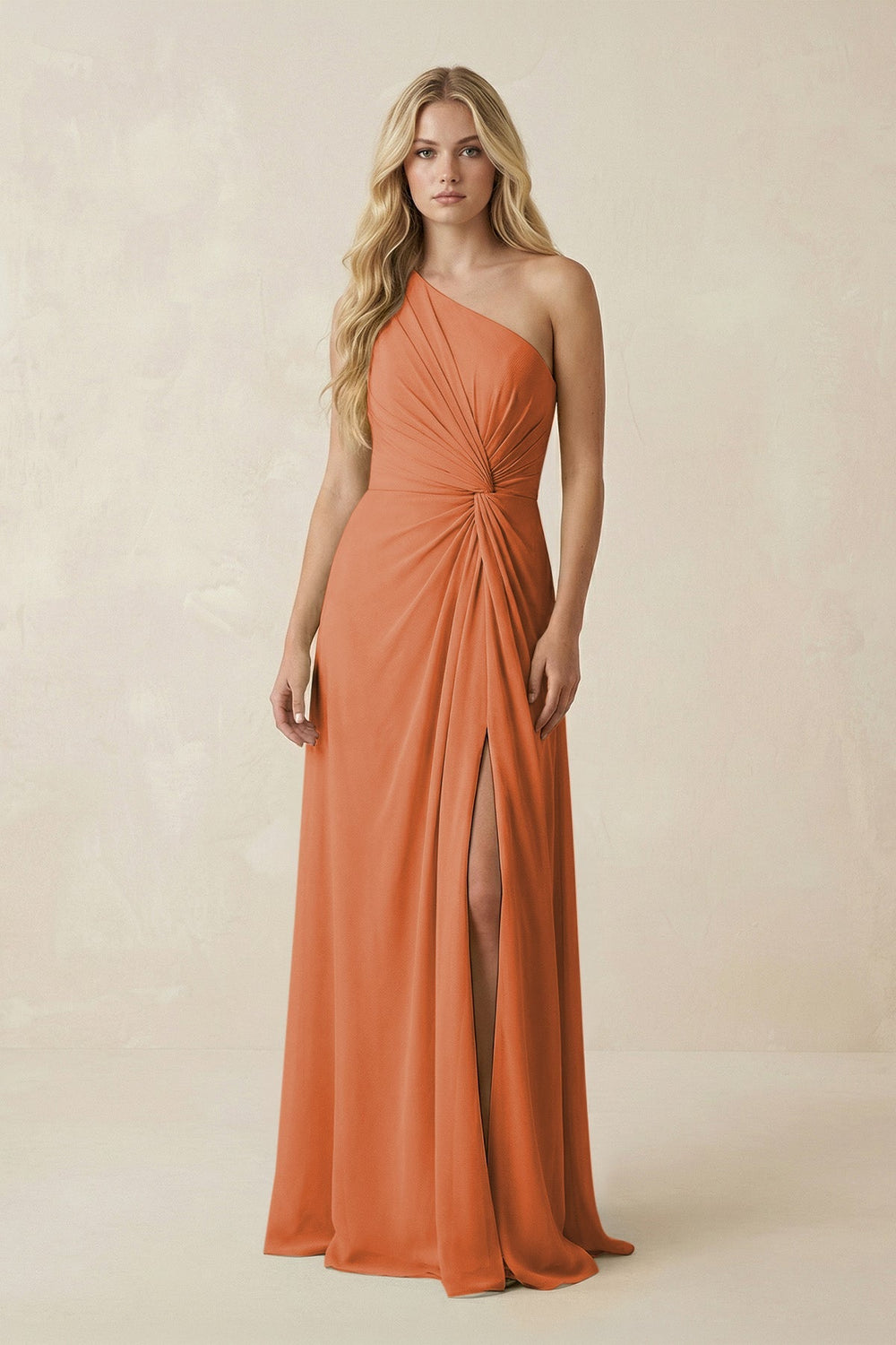 One - Shoulder Ruched A - Line Chiffon Bridesmaid Dress in Terracotta - SHE IS ME Bridesmaid Dresses