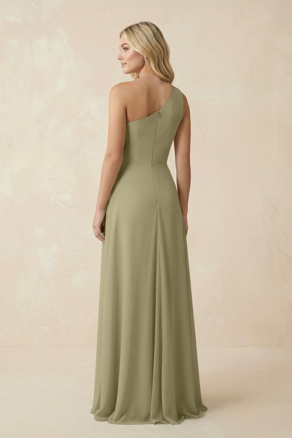 One - Shoulder Ruched A - Line Chiffon Bridesmaid Dress in Thyme - SHE IS ME Bridesmaid Dresses