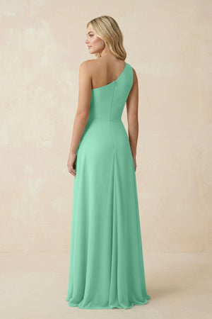 One - Shoulder Ruched A - Line Chiffon Bridesmaid Dress in Turquoise - SHE IS ME Bridesmaid Dresses