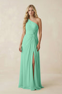 One - Shoulder Ruched A - Line Chiffon Bridesmaid Dress in Turquoise - SHE IS ME Bridesmaid Dresses