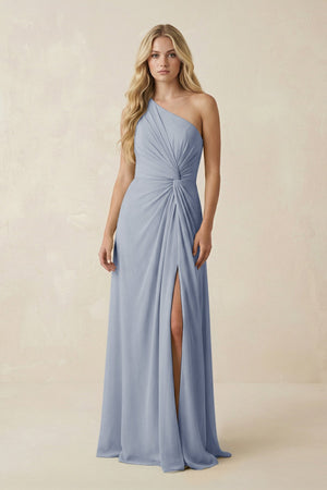 One - Shoulder Ruched A - Line Chiffon Bridesmaid Dress in Twilight - SHE IS ME Bridesmaid Dresses