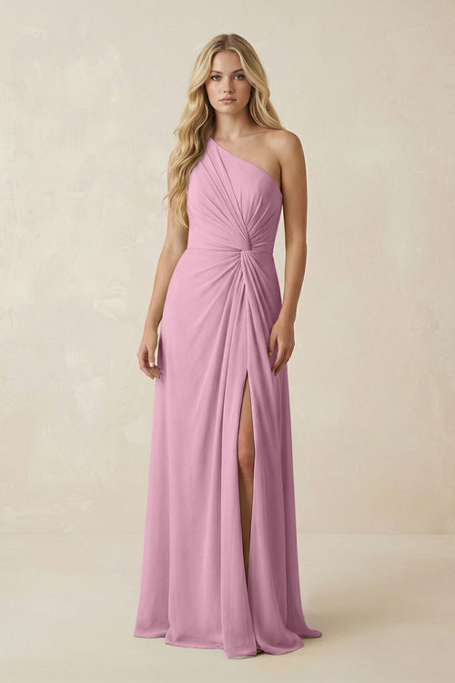 One - Shoulder Ruched A - Line Chiffon Bridesmaid Dress in Vintage Mauve - SHE IS ME Bridesmaid Dresses
