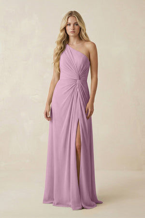 One - Shoulder Ruched A - Line Chiffon Bridesmaid Dress in Wisteria - SHE IS ME Bridesmaid Dresses